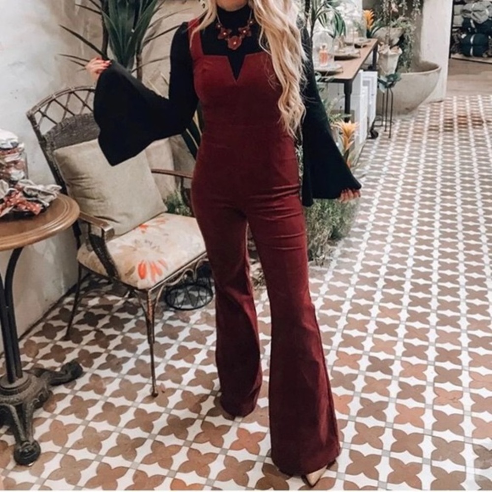 altar'd state burgundy flare jumpsuit
